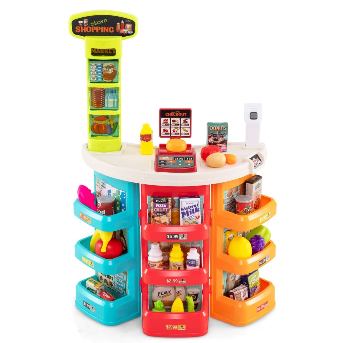 CostwayEnsemble de Jeux Supermarché pour Enfants 29 Pièces de Jeu de Rôle avec Chariot de Course Balance Scanner avec Lumière pour 3+ Ans Bleu